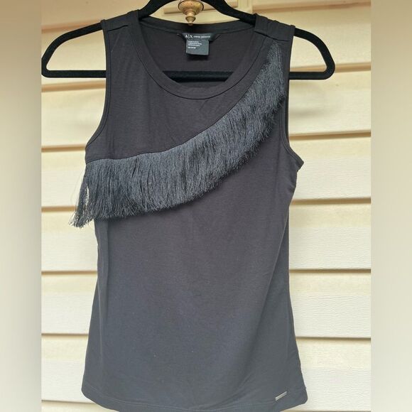 Armani exchange, black, sleeveless blouse, fringe across chest, round neck, XS - Picture 1 of 7